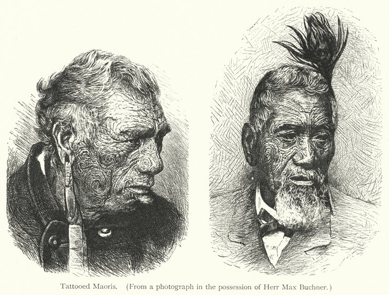 Tätowierte Maoris (Gravur) von European School
