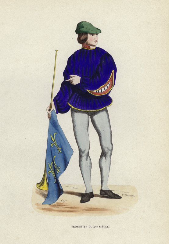 Trompeter des 15. Jahrhunderts (farbige Gravur) von European School