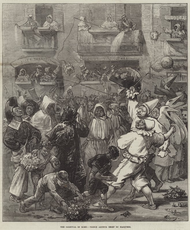 Der Karneval in Rom, Prinz Arthur von Maskierten bedrängt von Felix Regamey