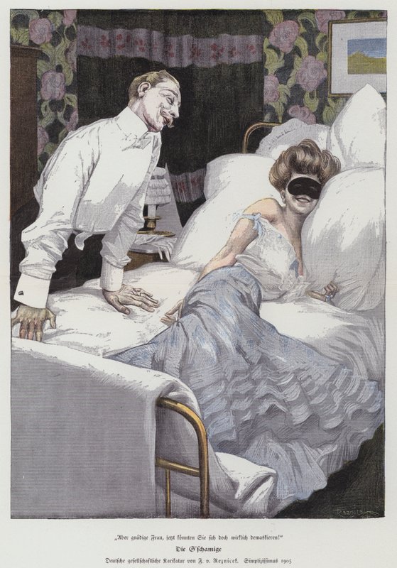 Mann spricht mit maskierter Frau im Bett, 1905 von Ferdinand von Reznicek