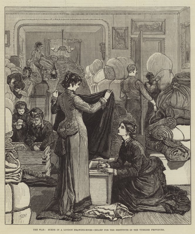 Der Krieg, Szene in einem Londoner Salon, Hilfe für die Bedürftigen in den türkischen Provinzen von Francis S. Walker