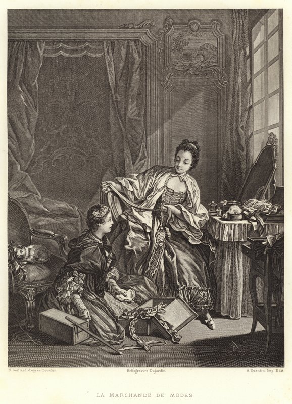 Die Modeschöpferin (Stich) von Francois (after) Boucher