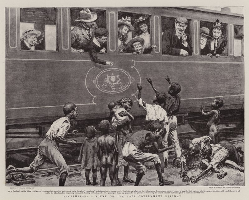 Backsheesh, eine Szene auf der Kap-Regierungsbahn von Frank Dadd