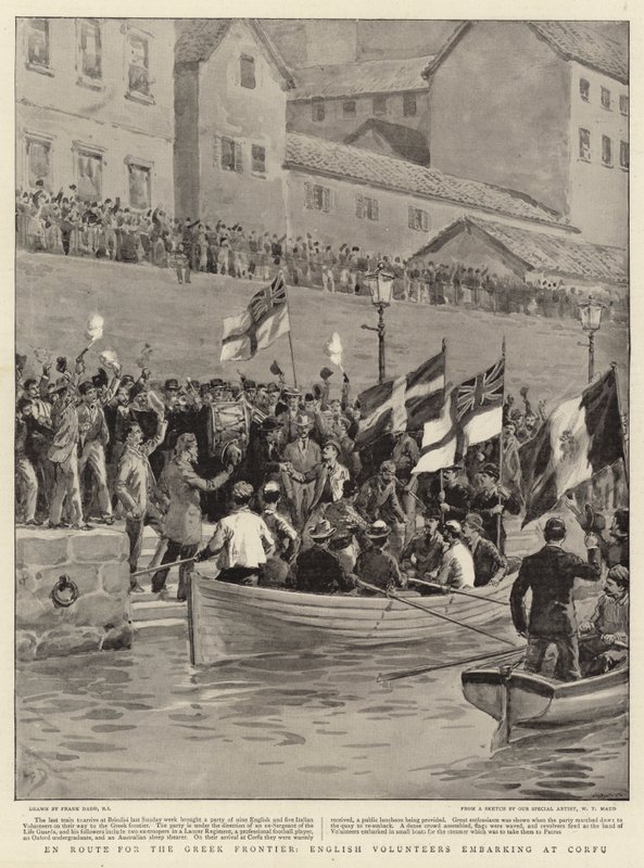 Auf dem Weg zur griechischen Grenze, englische Freiwillige beim Einschiffen in Korfu von Frank Dadd