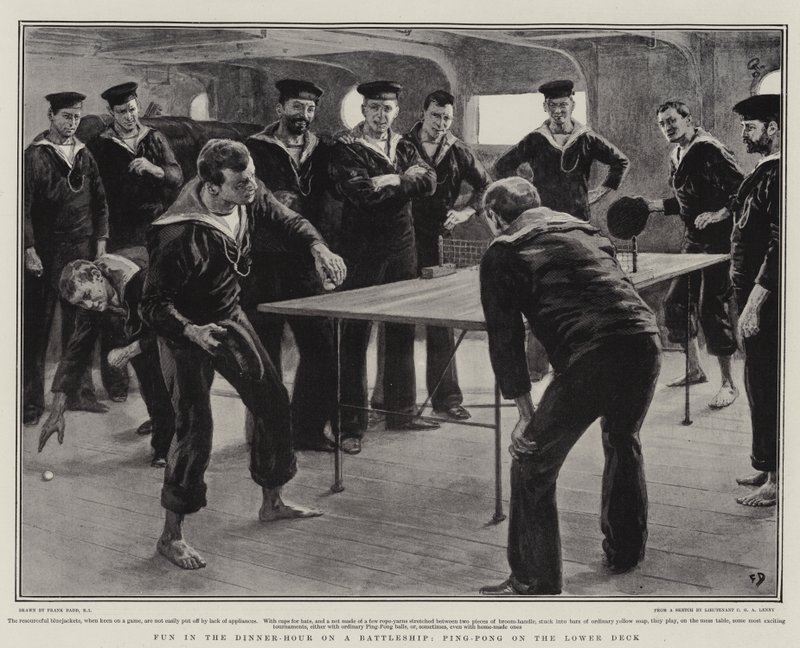 Spaß in der Mittagspause auf einem Schlachtschiff, Ping-Pong auf dem Unterdeck von Frank Dadd