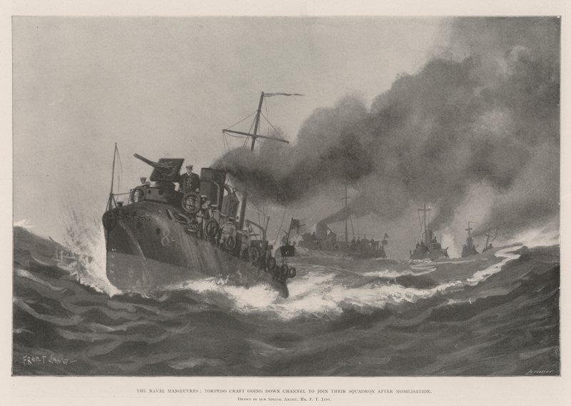 Die Marine-Manöver, Torpedoboote fahren nach der Mobilisierung zum Geschwader von Fred T. Jane