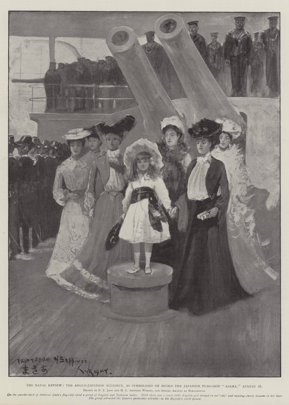 Die Marineparade, die anglo-japanische Allianz, symbolisiert an Bord des japanischen Flaggschiffs Asama, 16. August von Fred T. Jane