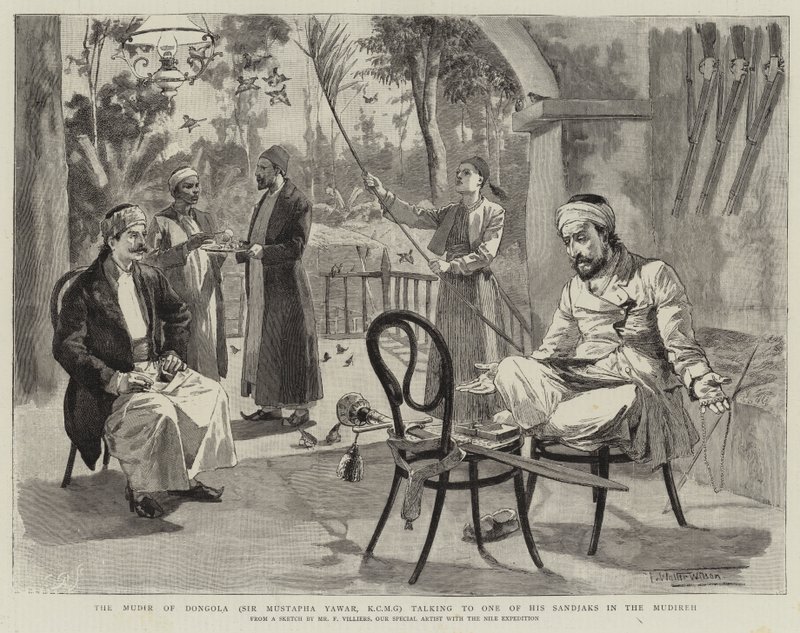 Der Mudir von Dongola (Sir Mustapha Yawar, KCMG) spricht mit einem seiner Sandjaks in der Mudireh von Frederic Villiers