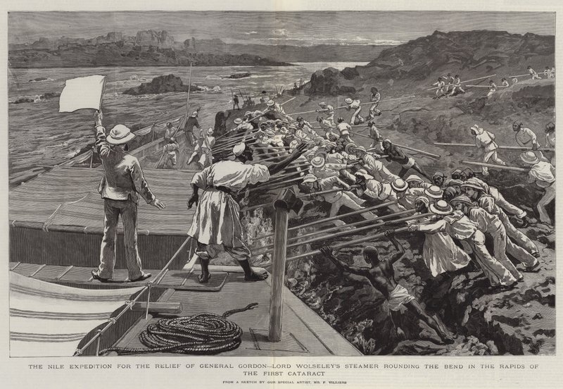 Die Nil-Expedition zur Rettung von General Gordon, Lord Wolseleys Dampfer um die Biegung in den Stromschnellen des ersten Katarakts von Frederic Villiers