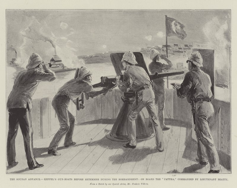 Der Soudan-Vormarsch, Keppels Kanonenboote vor Metemmeh während der Bombardierung, an Bord der Fattha, kommandiert von Leutnant Beatty von Frederic Villiers