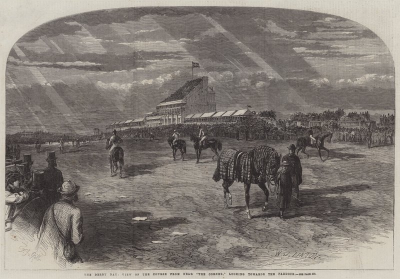 Der Derby-Tag, Blick auf die Rennstrecke von der Ecke in Richtung Paddock von Frederick John Skill