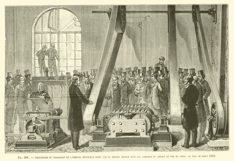 Experiment zum Transport mechanischer Energie von M. Marcel Deprez in den Werkstätten von French School