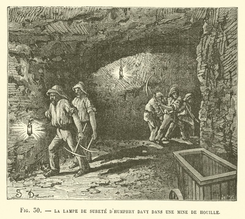Die Sicherheitslampe von Humphry Davy in einer Kohlenmine von French School