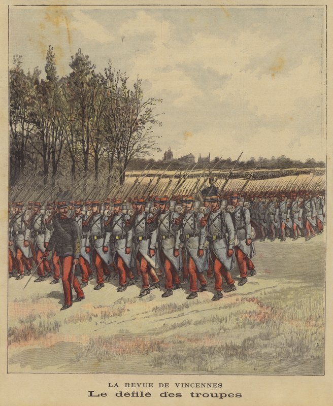 Parade der Truppen bei der Überprüfung der französischen Armee in Vincennes von French School