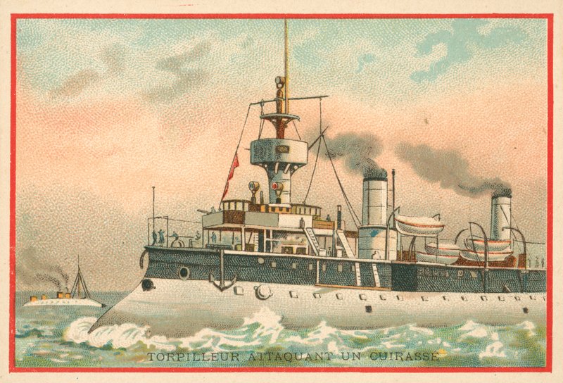 Torpedoboot greift ein Schlachtschiff an von French School