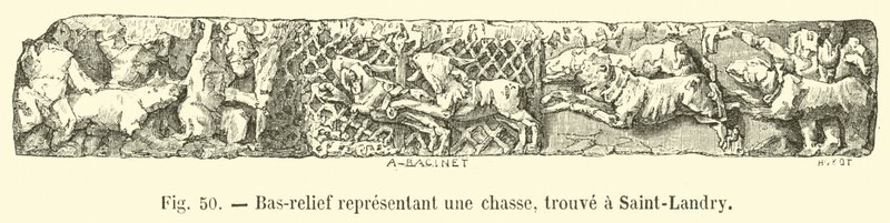 Relief, das eine Jagd darstellt, gefunden in Saint-Landry von French School