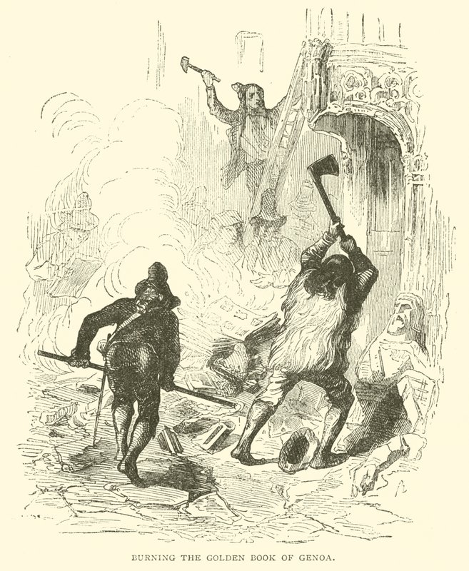 Verbrennung des Goldenen Buches von Genua (Gravur) von French School