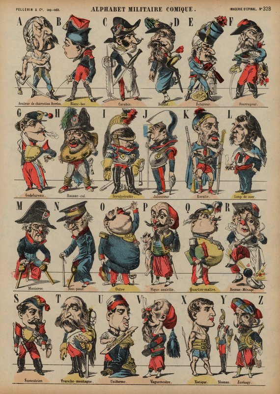 Komisches Militäralphabet (Farbstich) von French School