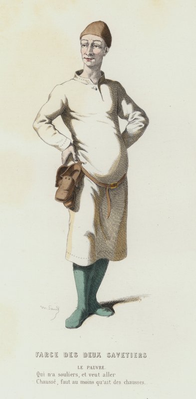Farce Des Deux Savetiers (farbiger Stich) von French School