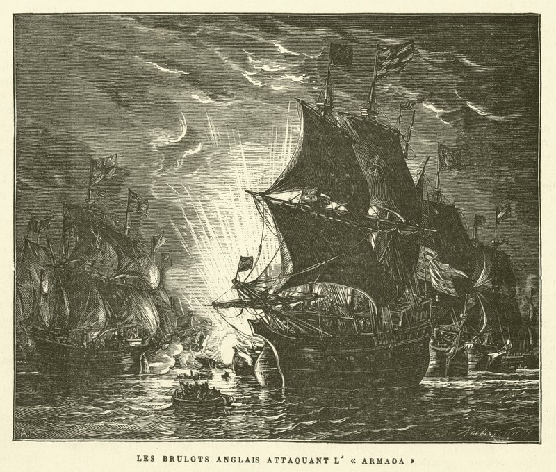 Die englischen Brandstifter greifen die Armada an von French School