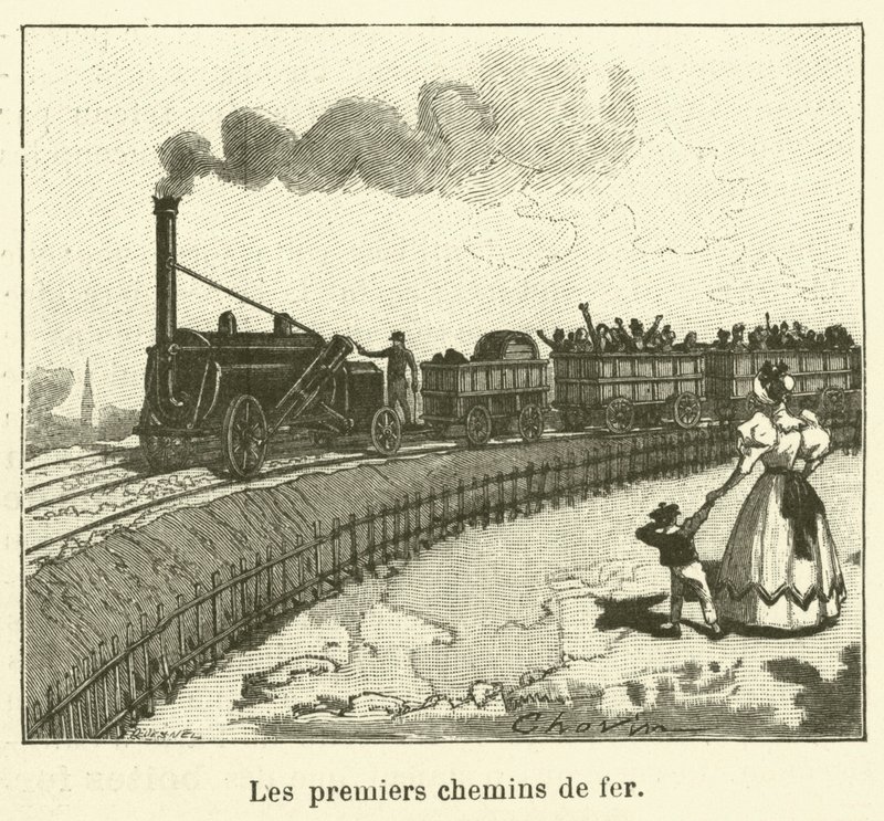 Die ersten Eisenbahnen (Gravur) von French School