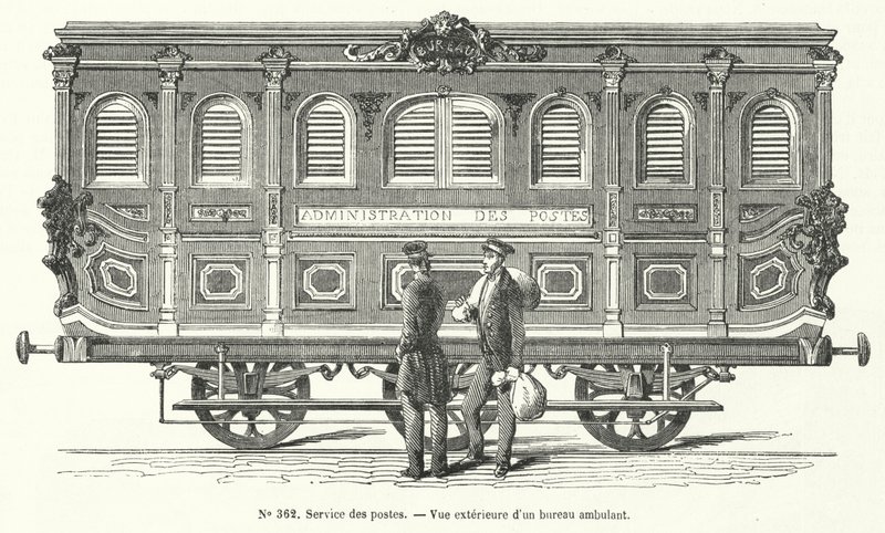 Postkutsche auf den französischen Eisenbahnen (Gravur) von French School