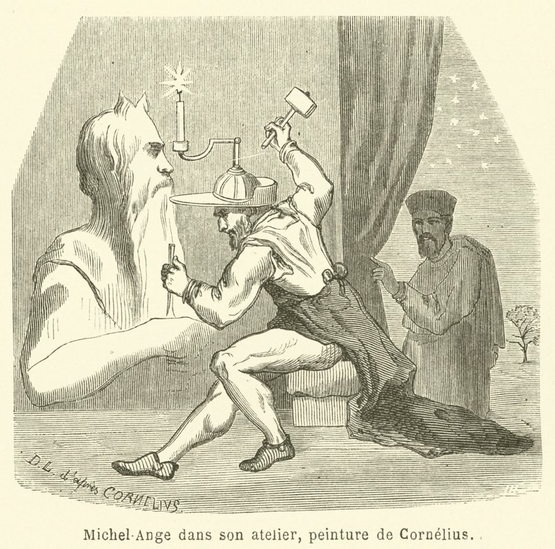 Michelangelo in seinem Atelier (Gravur) von French School