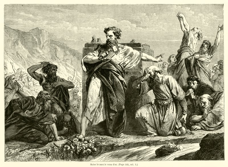 Moses zerbricht das goldene Kalb (Gravur) von French School