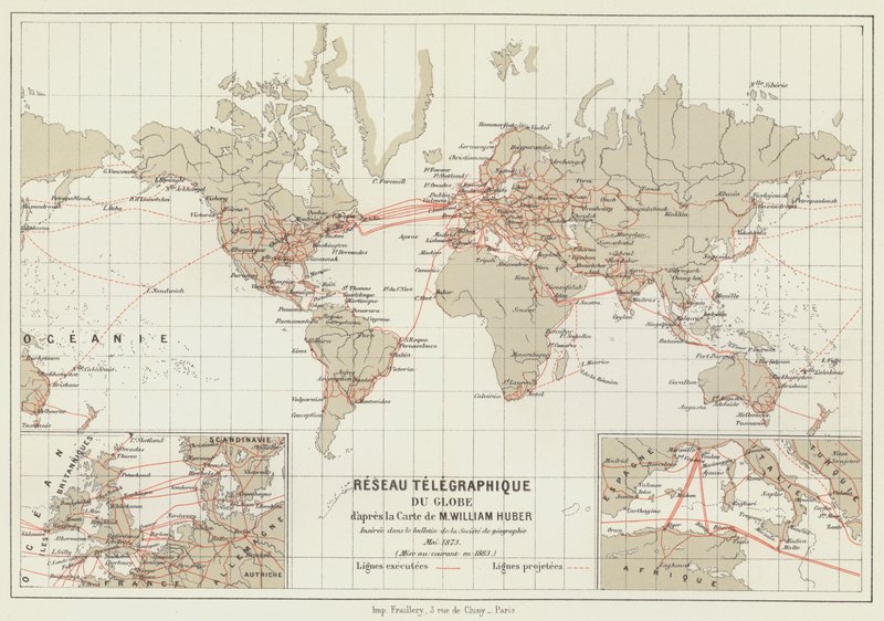 Telegraphennetz der Welt (Farblithographie) von French School