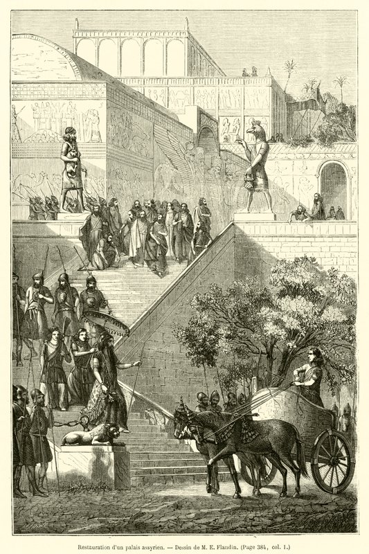Restaurierung eines assyrischen Palastes (Gravur) von French School