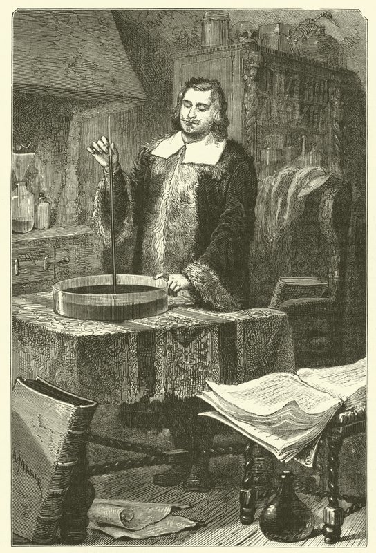 Torricelli erfindet das Barometer (Stich) von French School