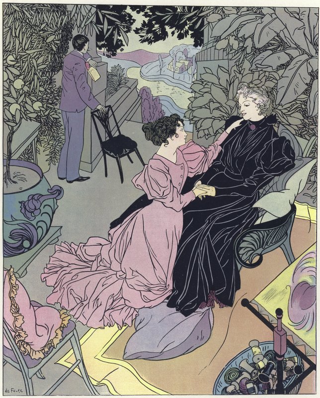 Zwei Frauen sitzen in einem Wintergarten von French School