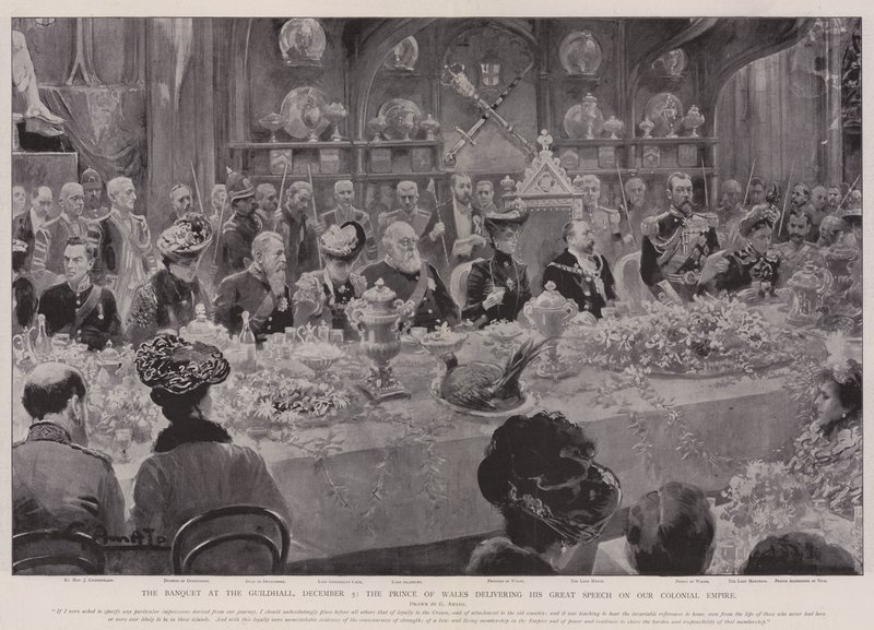 Das Bankett in der Guildhall, 5. Dezember, der Prinz von Wales hält seine große Rede über unser Kolonialreich von G.S. Amato