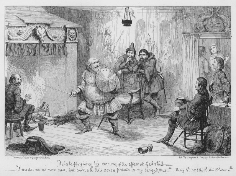 Falstaff erzählt von der Affäre in Gadshill von George Cruikshank