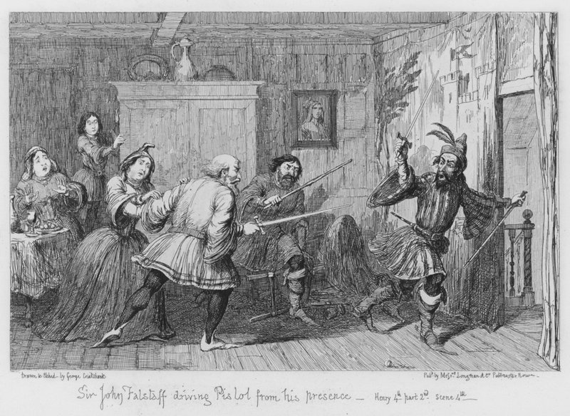 Sir John Falstaff vertreibt Pistol aus seiner Gegenwart von George Cruikshank