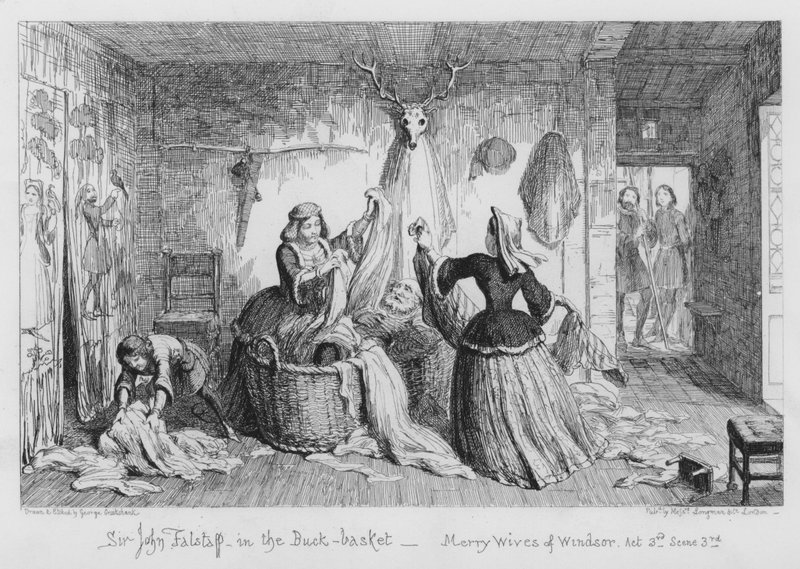 Sir John Falstaff im Wäschekorb von George Cruikshank