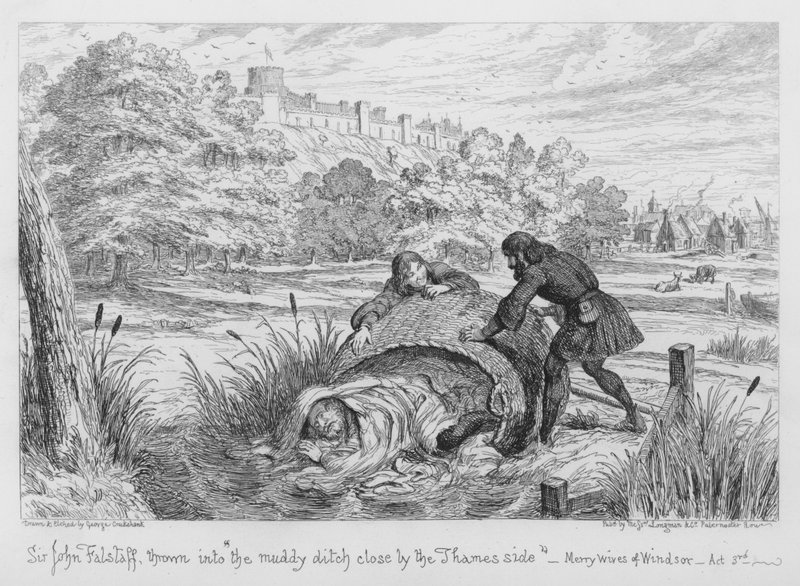 Sir John Falstaff in den schlammigen Graben nahe der Themse geworfen von George Cruikshank