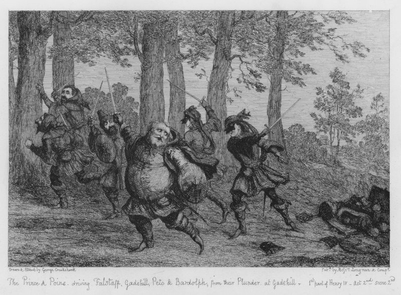 Der Prinz und Poins vertreiben Falstaff, Gadshill, Peto und Bardolph von ihrer Beute in Gadshill von George Cruikshank