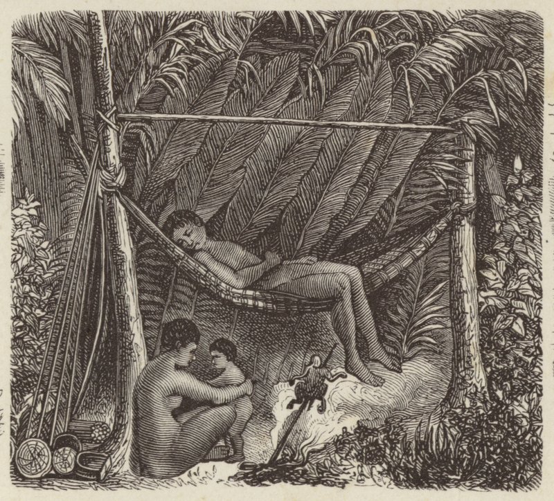 Brasilianischer Eingeborener ruht in einer Hängematte (Stich) von German School