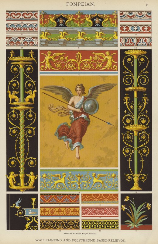 Pompejanisch, Wandmalerei und Polychrome Basso-Relievos von German School