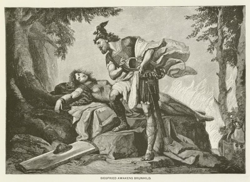Siegfried weckt Brunhild (Gravur) von German School