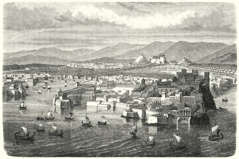 Blick auf das antike Athen vom Piräus (Gravur) von German School