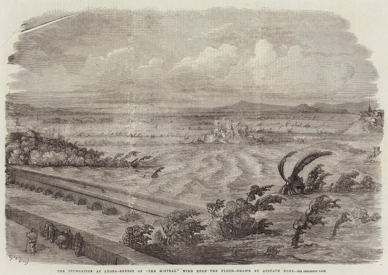 Die Überschwemmung in Lyon, Wirkung des Mistral-Windes auf die Flut von Gustave Dore