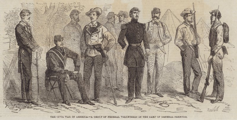 Der Bürgerkrieg in Amerika, eine Gruppe von Freiwilligen im Lager von General Prentiss von Gustave Janet