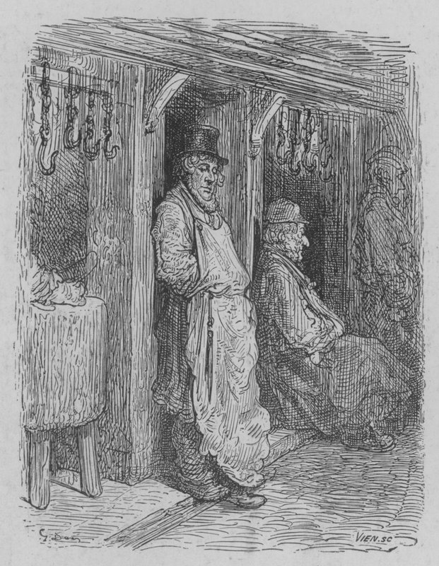 Der Metzger, der auf Kundschaft wartet von Gustave after Dore