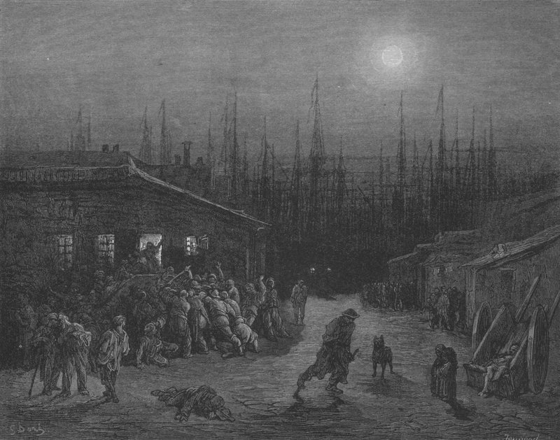 Tumult, die Nacht, in den Docks von Gustave after Dore