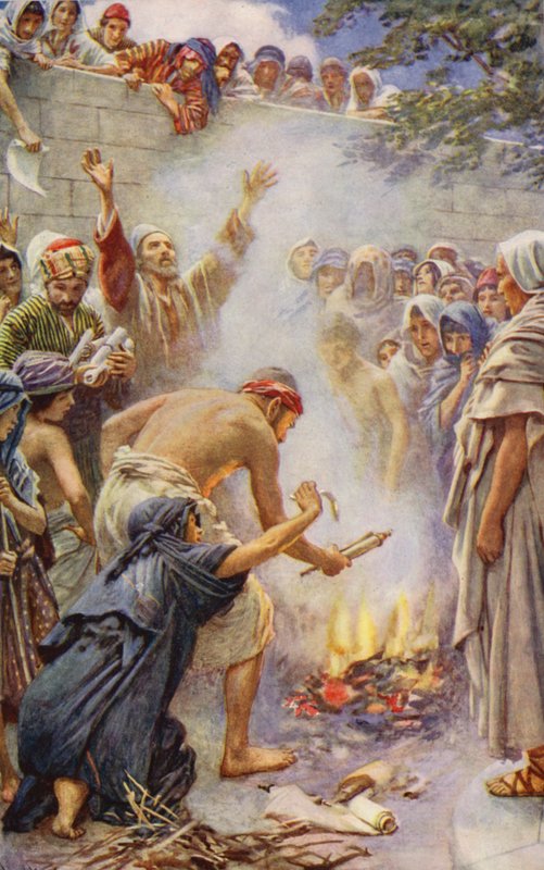 Neues Testament: Verbrennung der Bücher von Harold Copping