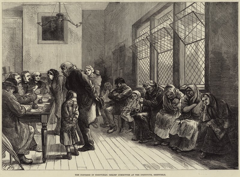 Die Not in Sheffield, Hilfskomitee im Institut, Sheffield von Harry Furniss
