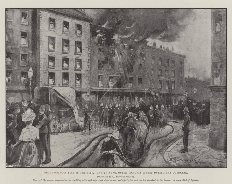 Das katastrophale Feuer in der Stadt, 9. Juni, No 67, Queen Victoria Street während des Ausbruchs von Henry Charles Seppings Wright