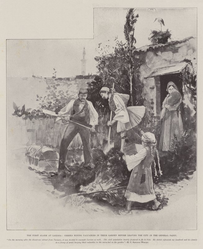 Der erste Alarm in Larissa, Griechen verstecken Wertsachen in ihrem Garten, bevor sie die Stadt in allgemeiner Panik verlassen von Henry Charles Seppings Wright